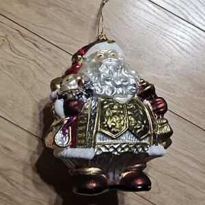 Fitz & Floyd Santa with Teddy Bear Hand-Painted Glass Christmas Ornament *Flaws